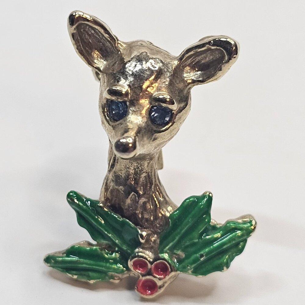 Gold Tone Painted Reindeer Blue Rhinestone Eyes Brooch Christmas Pin Taiwan